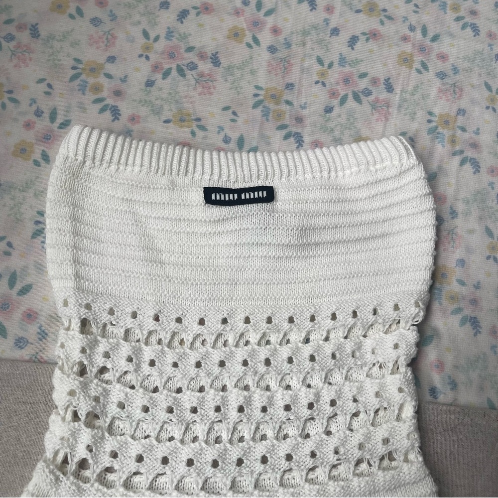 Miu Miu White Strapless Crochet Knit Dress - Picture 2 of 9
